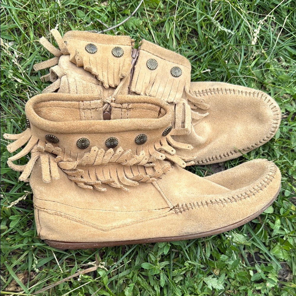 Minnetonka Tan Moccasins with Fringe